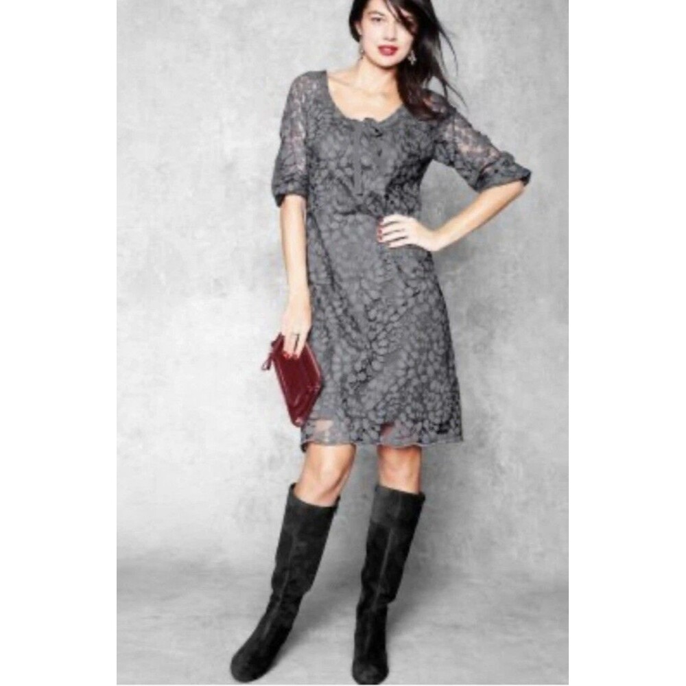 Garnet Hill Boheme Gray Lace Dress Sheer Overlay Wedding Guest Cocktail Size 6
